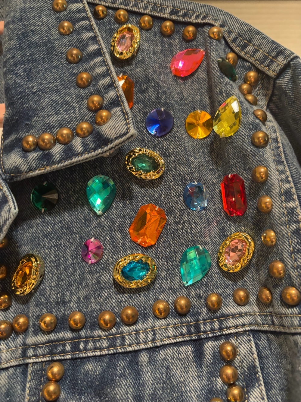 Pastels Blue Denim Jacket with Multicolor Gem Accents Size L - Picture 3 of 8